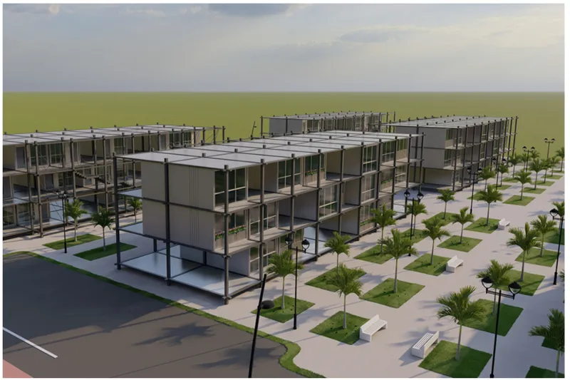 Aerial rendering showing linear housing blocks with exposed steel structure and grid of planted palms between units