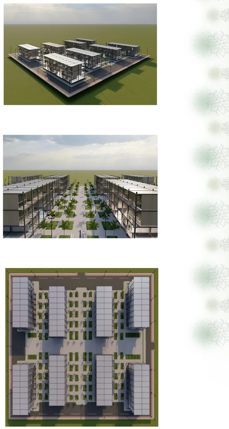 Site plan view showing rectangular housing blocks arranged in parallel rows with central courtyard spaces and landscaping