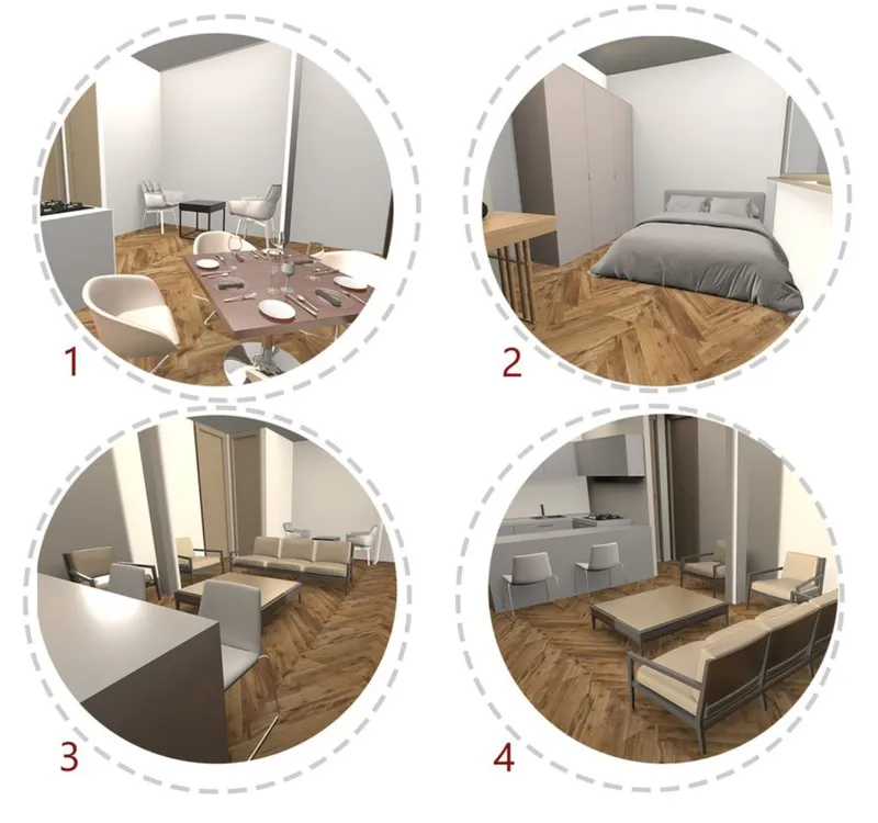 Four interior renderings showing dining area, bedroom, living room and kitchen with herringbone wood flooring and arched openings