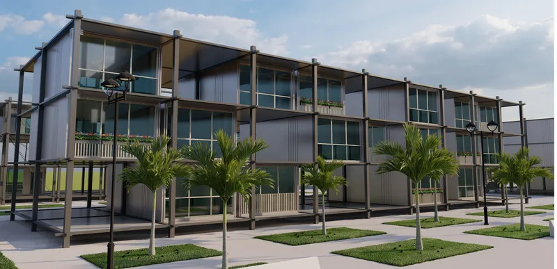 Facade showing modular housing units with corrugated metal panels, steel columns and planted palms under cloudy sky