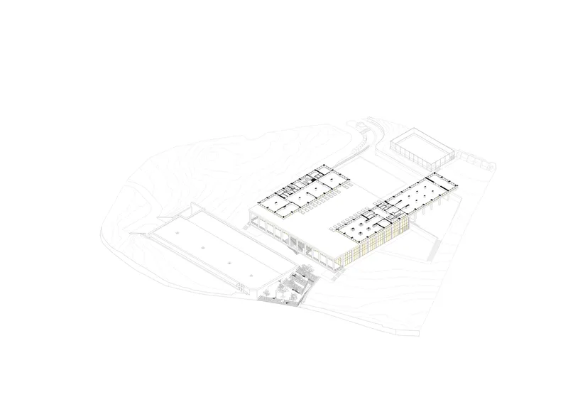 Axonometric drawing showing a multi-building campus with one interior floor plan highlighted in yellow