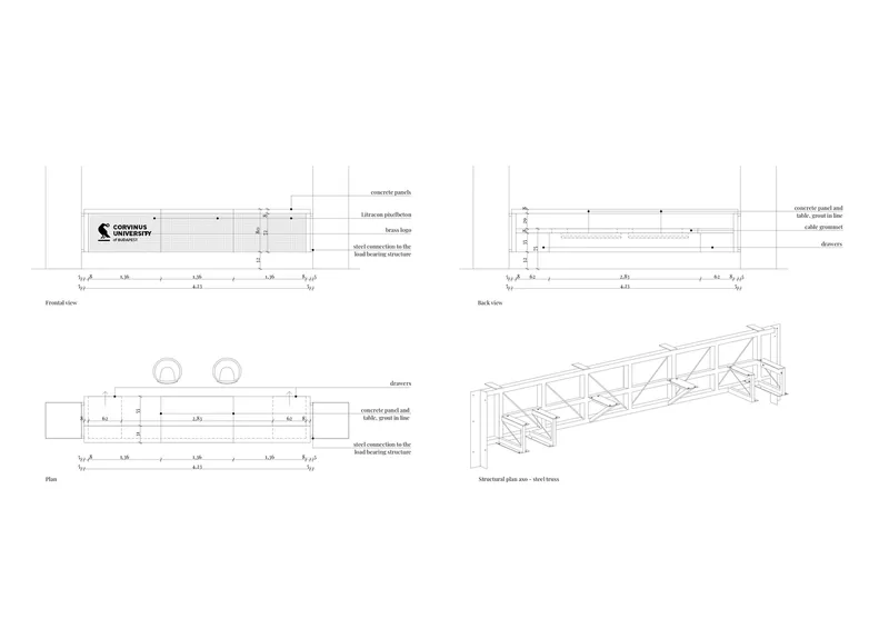 Technical section and elevation drawings showing a steel truss system with annotated dimensions and material callouts