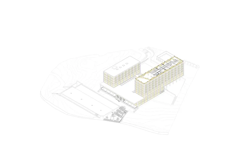 Axonometric drawing revealing the full facade grid system of two adjacent rectangular buildings