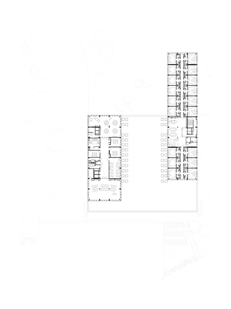 Floor plan drawing showing L-shaped building configuration with tower wing and terrace wing