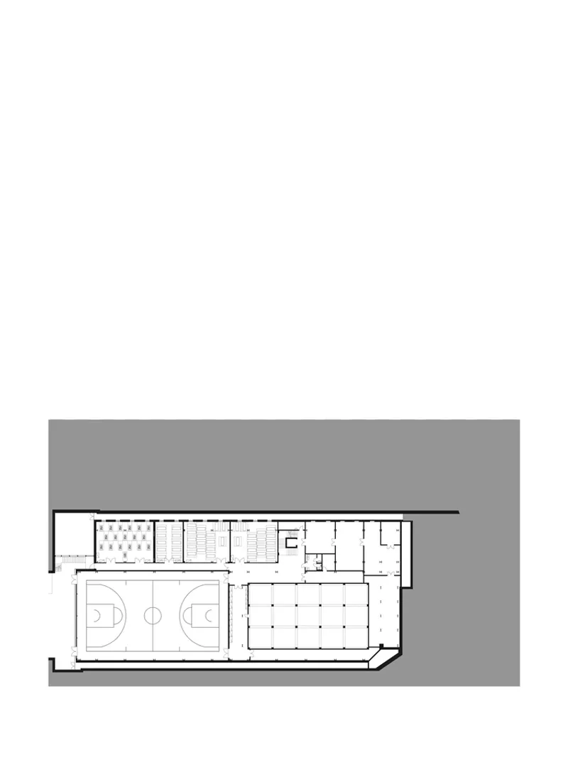 Floor plan showing a basketball court and adjacent multipurpose hall with support rooms