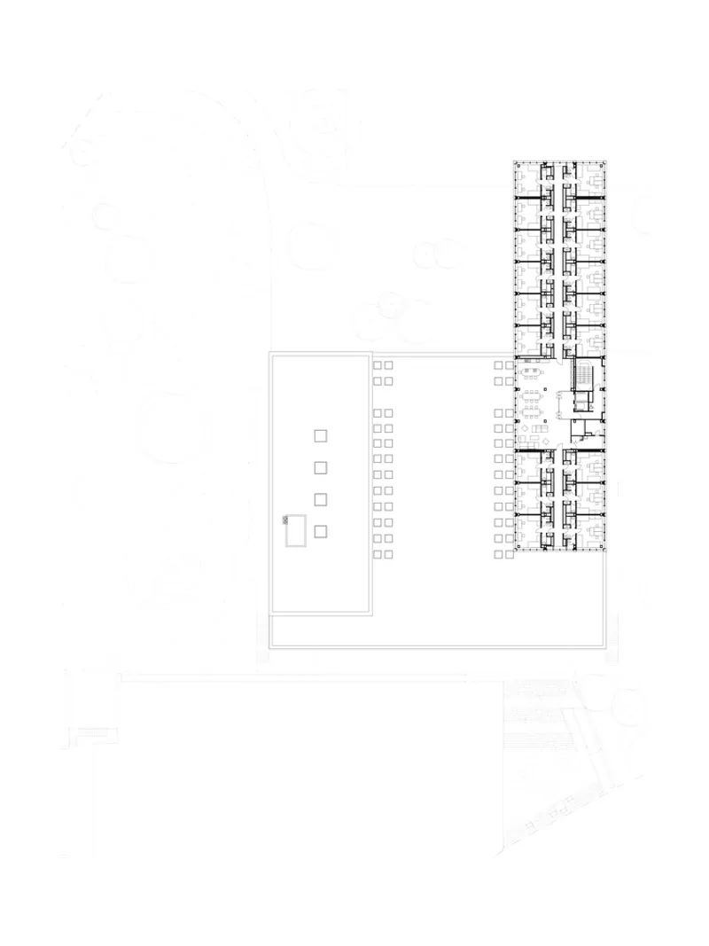 Floor plan drawing showing tower wing with residential units and open terrace zone