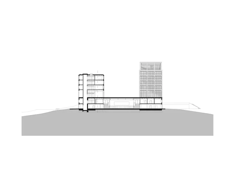 Section drawing illustrating a low-rise block and a tall tower joined by a horizontal connector wing