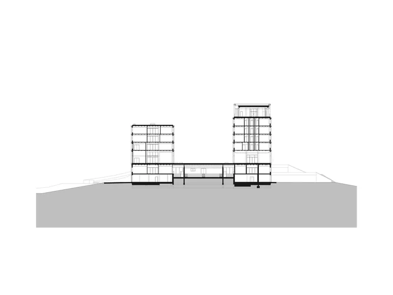 Section drawing showing two tower blocks linked by a low-rise horizontal podium structure
