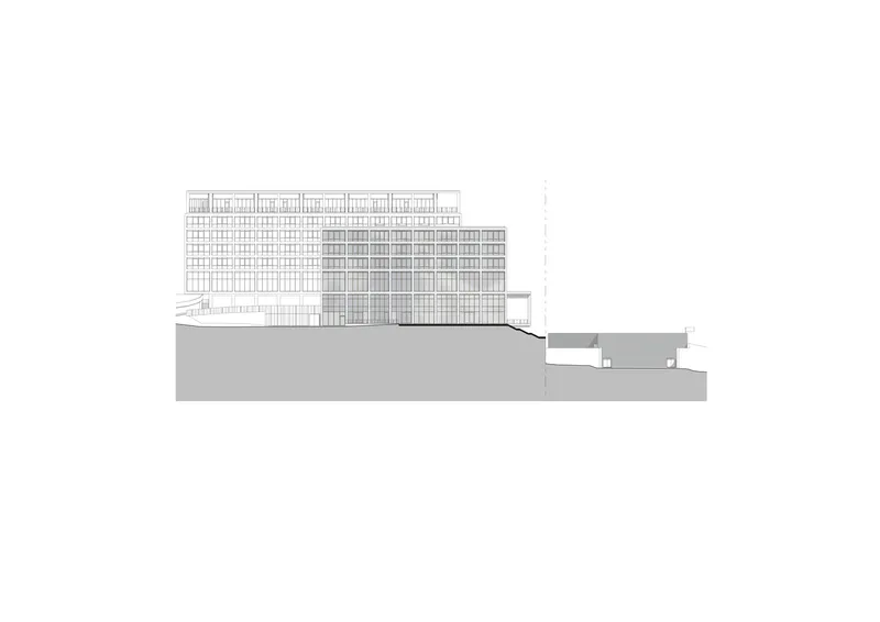 Elevation drawing showing a multi-story tower with gridded facade atop a sloping terrain base