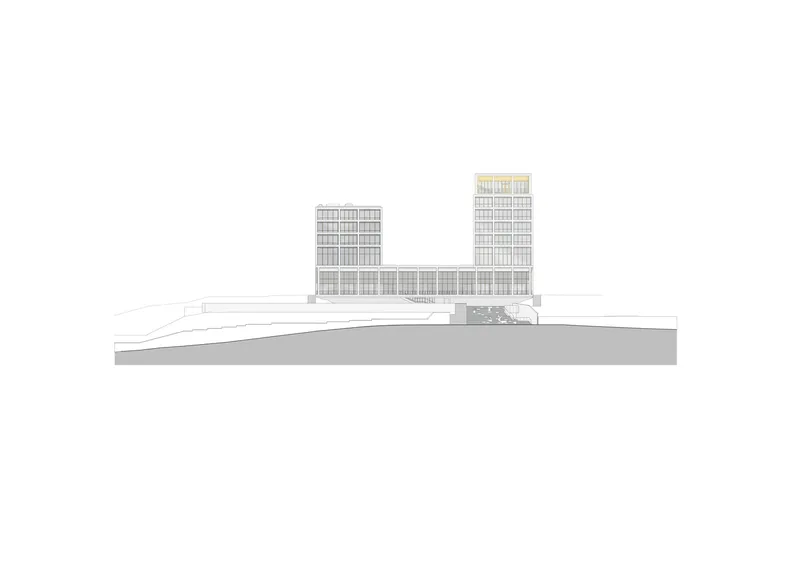 Elevation drawing depicting two towers flanking a lower podium volume on sloping ground