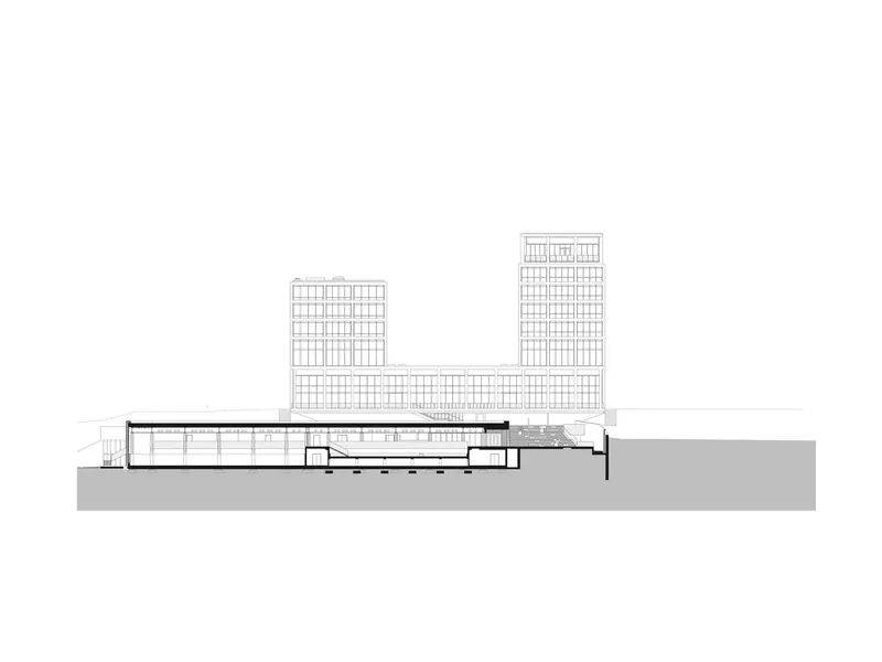 Section drawing featuring two gridded towers rising above a horizontal podium with sloping ground below
