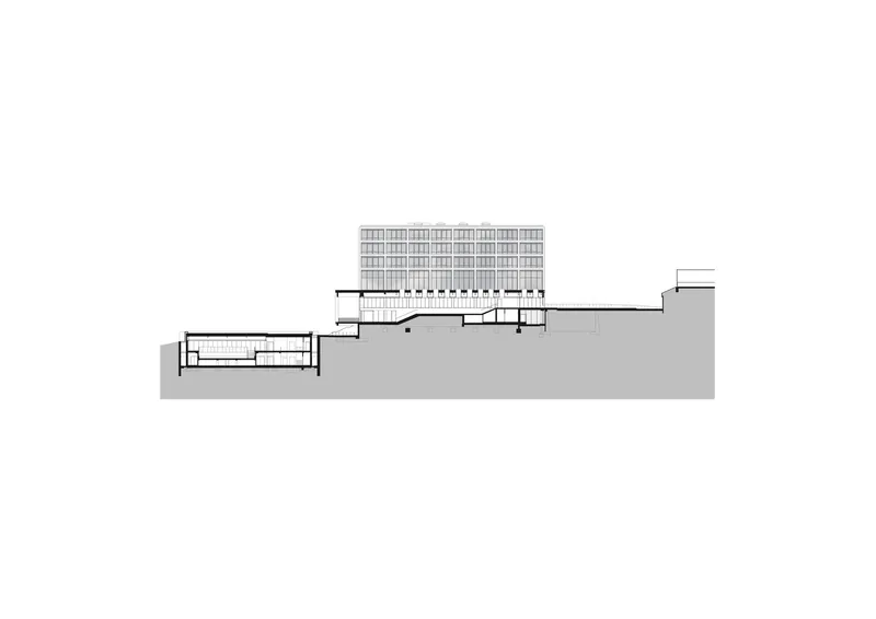 Section drawing showing a single tower rising from a multi-level podium carved into sloped terrain