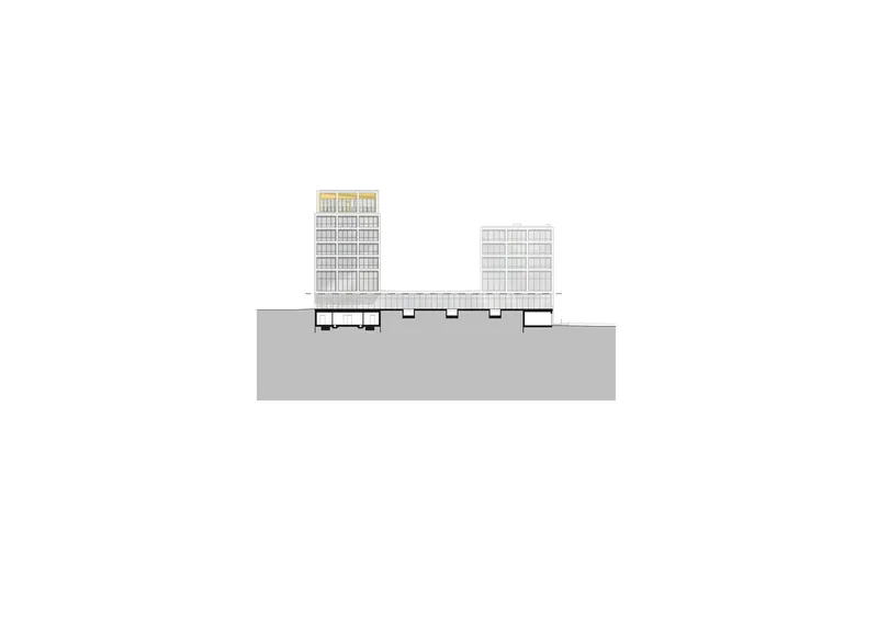 Section drawing showing two towers of different heights connected by a podium with subterranean spaces