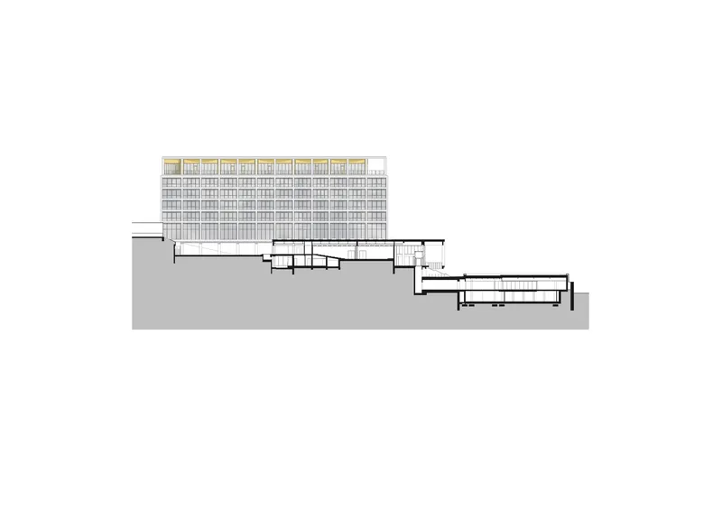Section drawing illustrating a tower block with lower horizontal wings extending into a hillside