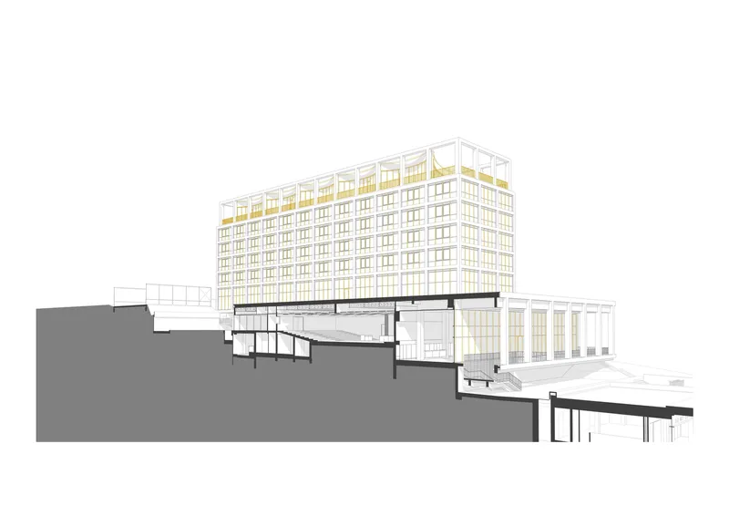 Section drawing revealing interior levels stepping down the hillside with a horizontal podium beneath the tower
