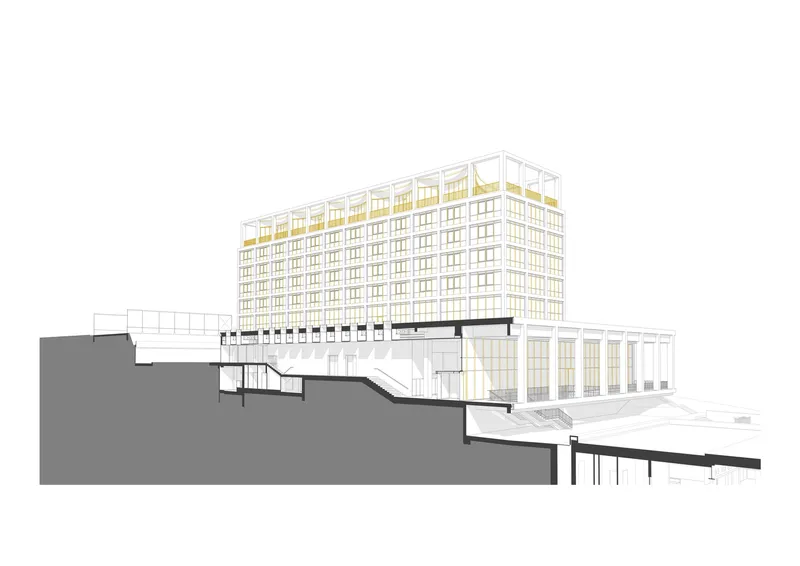 Section drawing depicting the tower and lower volumes with stepped internal floors following the site gradient