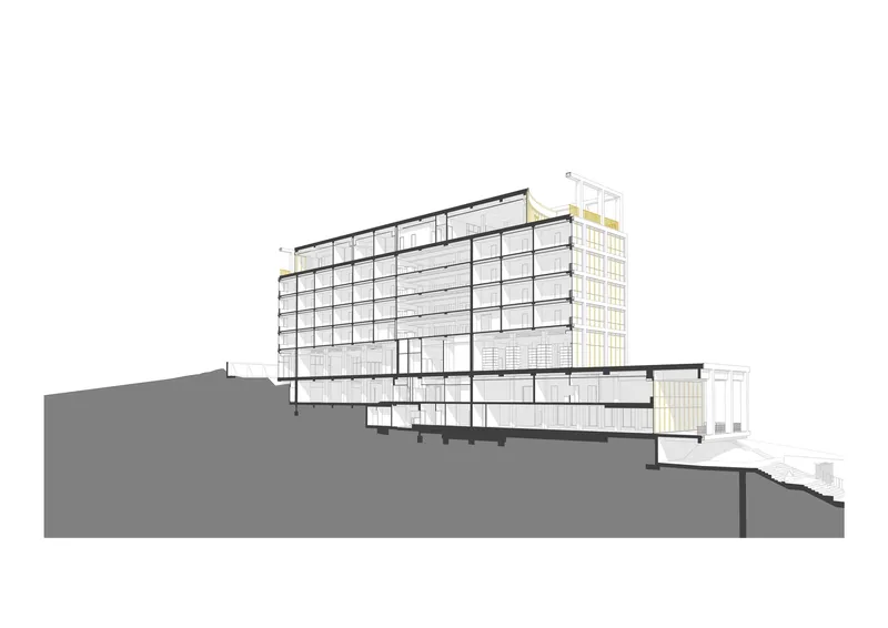 Section drawing revealing a gridded facade tower with internal floors stepping down the hillside gradient