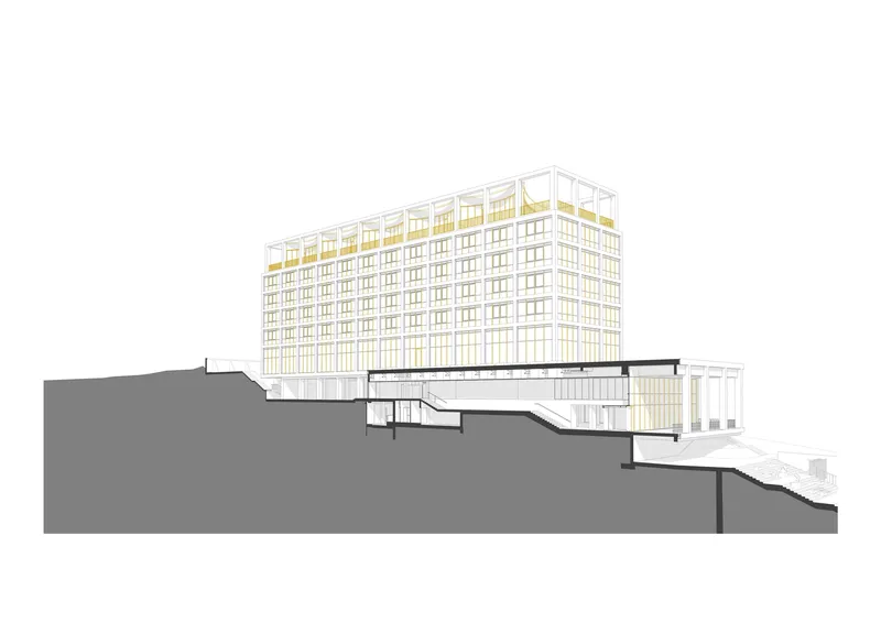 Section drawing showing a tower block with yellow penthouse volumes above a terraced podium on sloping terrain