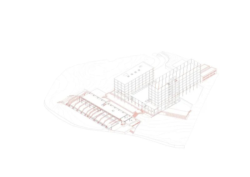 Axonometric drawing highlighting the structural frame in red line work across the tower and podium volumes