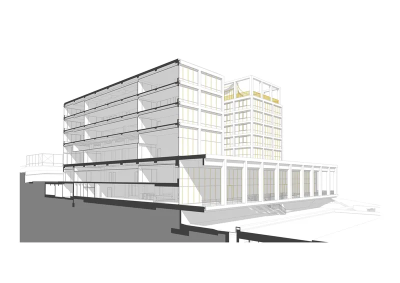 Section drawing showing the angled facade volume adjacent to the grid tower on the sloping site