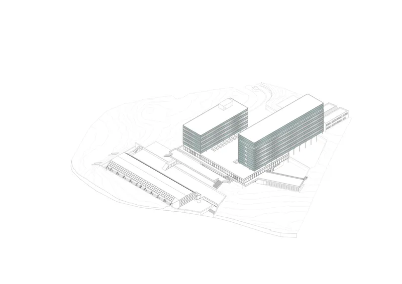 Axonometric drawing showing two tower blocks connected to a linear podium with exposed structural grid