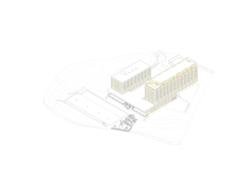 Axonometric drawing with two multi-story residential blocks rendered in yellow on the site