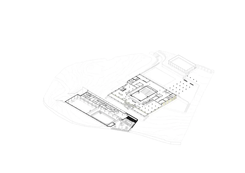 Axonometric drawing emphasizing the ground floor plan with a central courtyard and colonnade in black