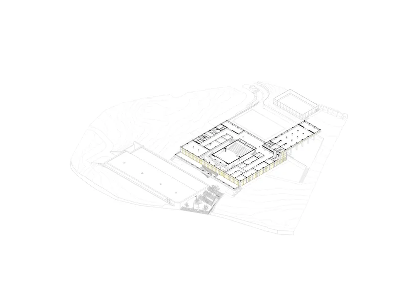 Axonometric drawing showing a mid-level floor plan with gridded spaces highlighted in yellow