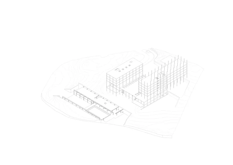 Axonometric drawing showing a multi-building complex with a low horizontal wing and two taller gridded volumes