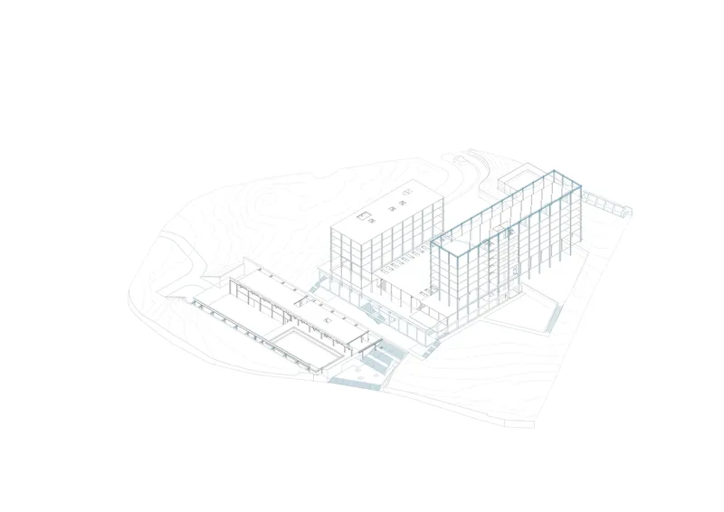 Axonometric drawing highlighting one tall gridded volume and portions of the horizontal base in blue