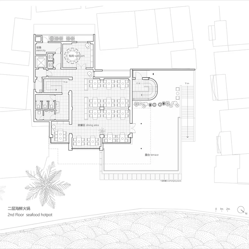 Second floor plan drawing displaying dining area, terrace with plantings, and curved stair volume