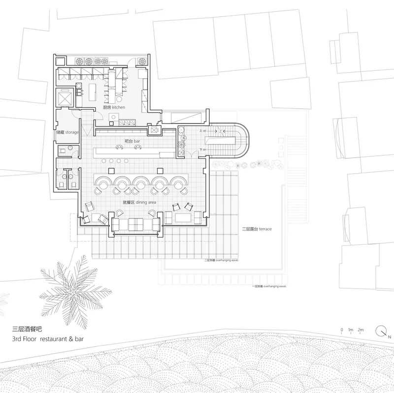 Third floor plan drawing depicting restaurant and bar spaces with terrace and curved stairwell