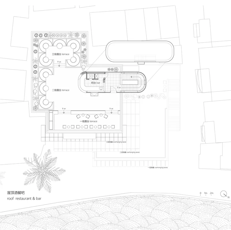 Roof plan drawing showing multiple terraces with circular seating arrangements and an oval-shaped pool