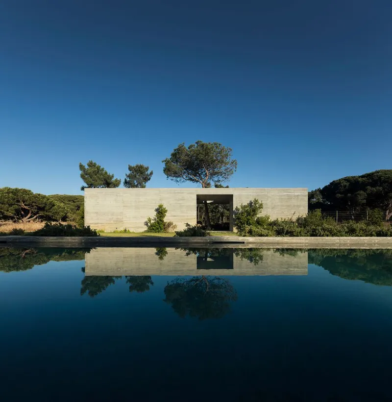 Board-formed concrete facade reflected in a still lap pool with pine trees beyond under clear sky
