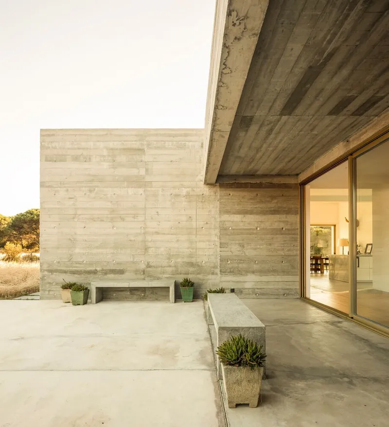 Covered terrace with cantilevered concrete soffit, sliding glass door, and potted plants on concrete pavers