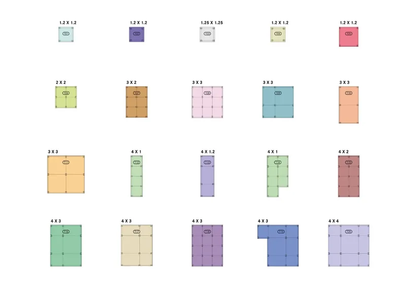 Diagram showing color-coded modular floor plan configurations in various grid dimensions and orientations