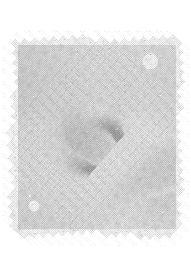 Halftone rendering of two vaulted roof peaks emerging from a textured surface