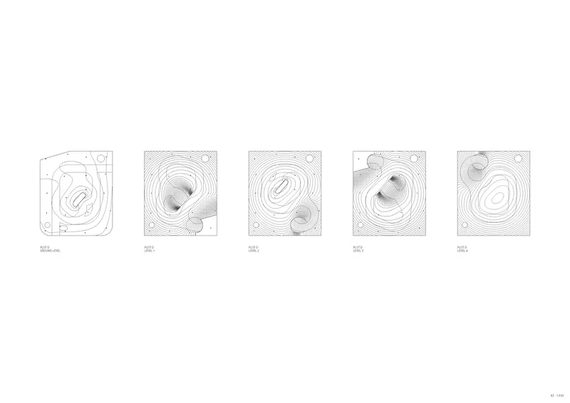 Series of five plan drawings showing progressive development of concentric vault contours with structural openings