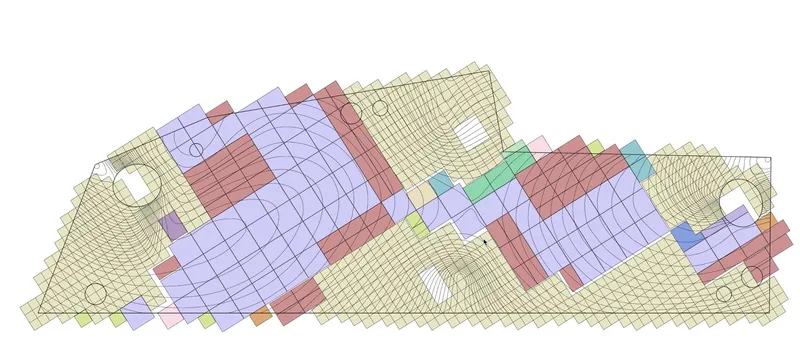 Plan drawing with overlapping colored gridded zones indicating different spatial areas and circular openings