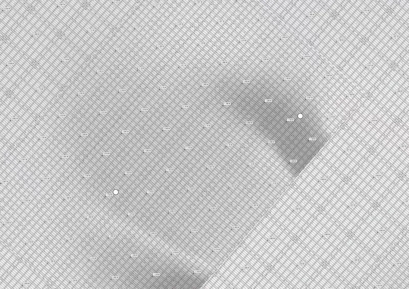 Site plan drawing showing circular building footprint within a crosshatched urban grid