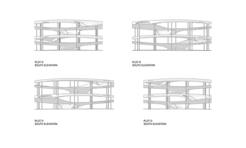 South elevation drawings showing structural frame with horizontal slabs and vertical columns across four variations