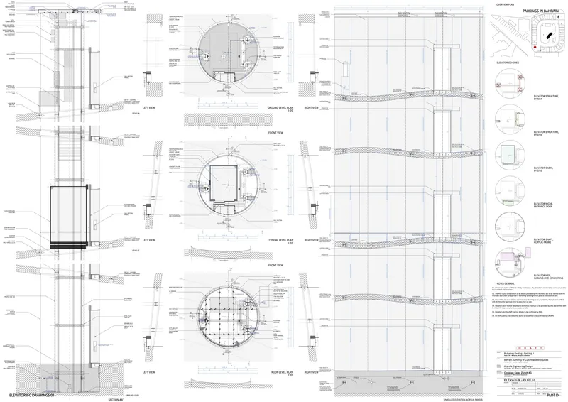 Detailed section drawing with circular floor plans, structural notations and technical specifications