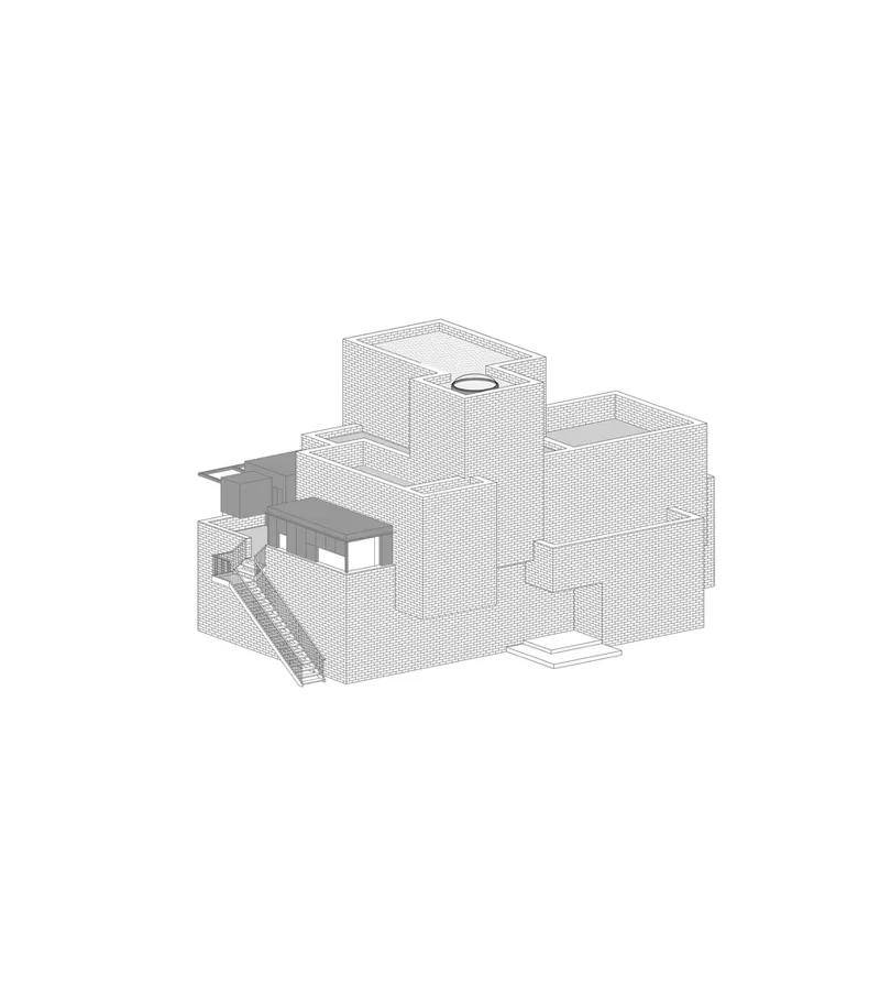 Axonometric drawing showing clustered volumes with entry stairs and a central cylindrical tower element