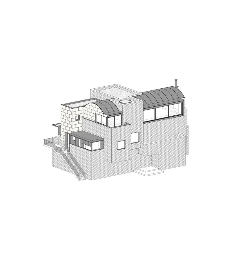 Axonometric drawing showing a two-story residence with barrel vaulted roof and exterior stairs