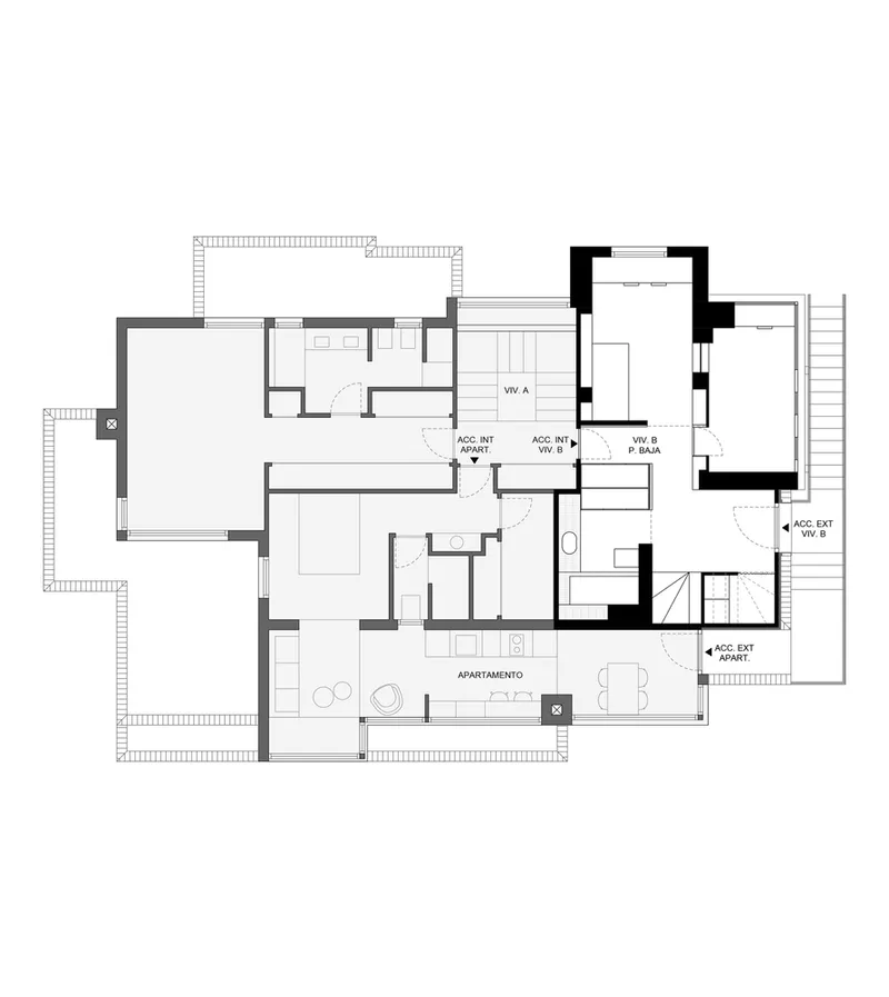 Floor plan drawing depicting an apartment with terraces and central living area