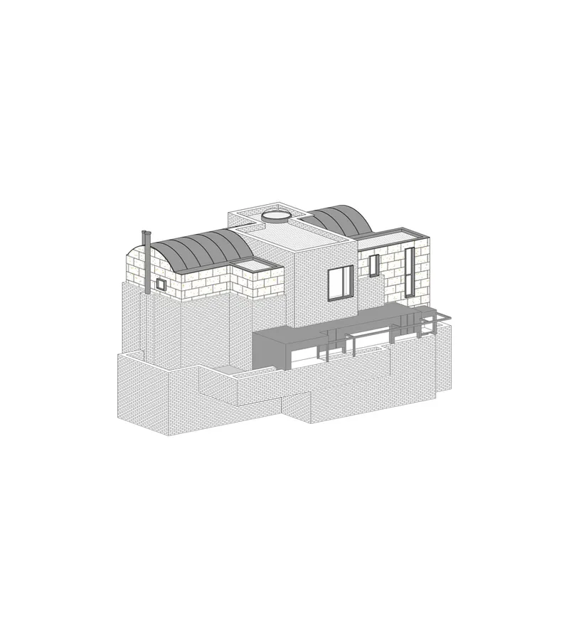 Axonometric drawing showing the building with added barrel vault roof and window openings revealed