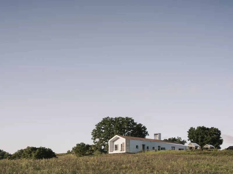 Linear composition showing white gabled volume and low horizontal wing across a meadow under afternoon light