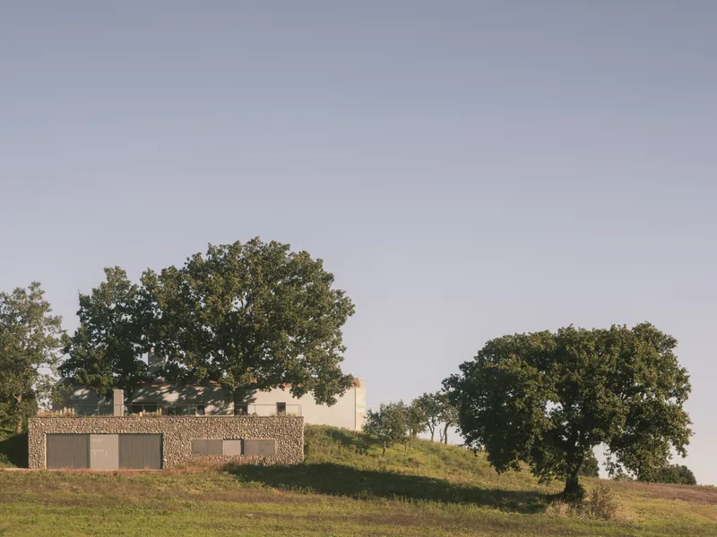 Stone-clad facade with horizontal openings set into a sloping hillside beneath scattered oaks