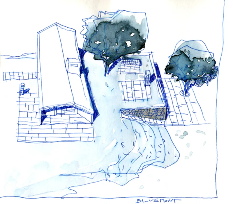 Watercolor sketch showing a building with stone base and windows adjacent to two mature trees