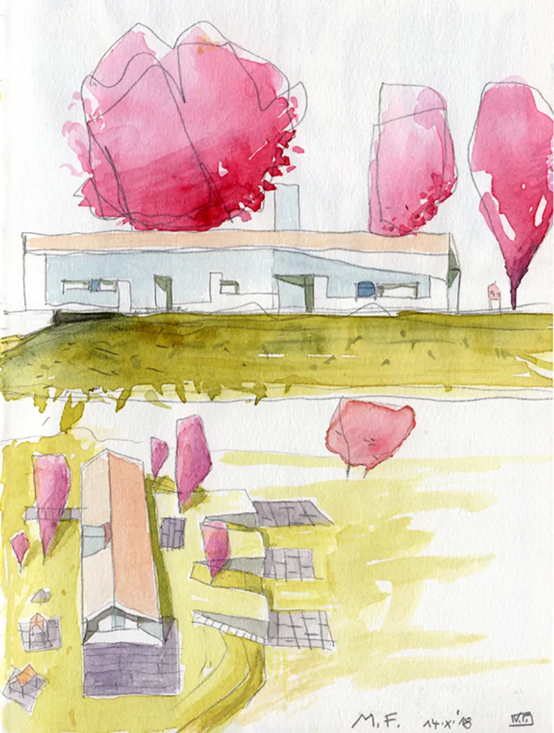 Two watercolor studies depicting a horizontal building with clerestory windows amid pink flowering trees and golden ground plane